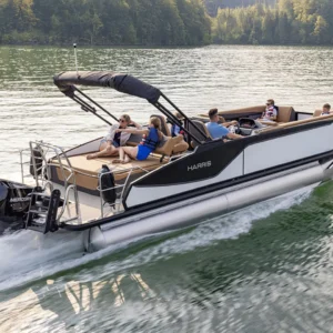 Harris 230 Sunliner SLE 2026 À Vendre – Moteur Mercury 225 CV avec DTS/PAS, Bimini Électrique et Intérieur Premium Acajou Teck